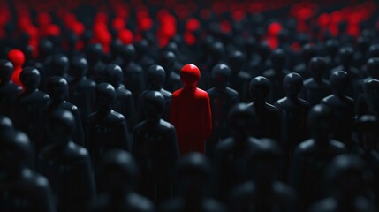 Fototapeta premium Red figurine standing out among a crowd of black figures, symbolizing individuality and uniqueness in a sea of conformity. Concept of identity and distinction.