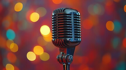 An iconic retro microphone stands out, set against a vivid background of warm, diffused bokeh lights, capturing the spirit of vintage audio experiences.
