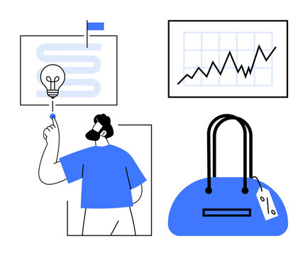 Businessman pointing at a light bulb, a sales graph, a pathway chart, and a handbag. Ideal for business strategy, marketing, sales growth, innovation planning retail e-commerce. Line metaphor