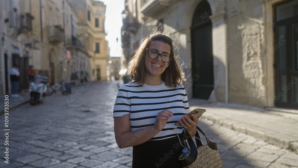 Poster A young hispanic woman in lecce, italy, smiles while holding a smartphone, standing in a picturesque sunlit town street with charming historical architecture.