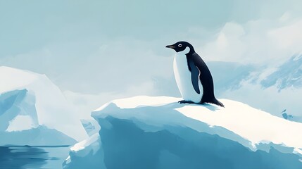 Fototapeta premium A calm penguin on a snow-covered iceberg