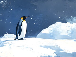 Fototapeta premium A calm penguin on a snow-covered iceberg