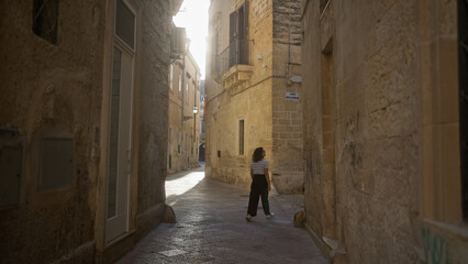 A young hispanic woman walks through the narrow, sunlit streets of lecce, a historic town in puglia, italy, showcasing its beautiful stone architecture.