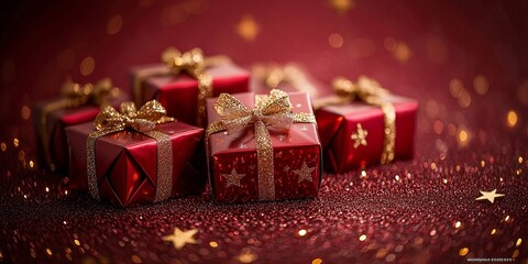 Luxurious Red Gift Boxes with Gold Ribbons and Sparkling Stars on Dark Red Background