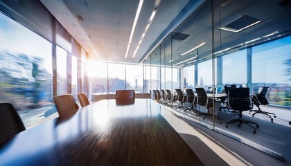 an abstract image of a blurred conference room in a corporate office setting with a focus on modern furnishings