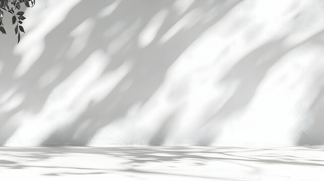 Subtle Play of Light and Shadow on a White Wall with Leafy Silhouettes Creating a Minimalist Aesthetic Perfect for Artistic and Modern Designs