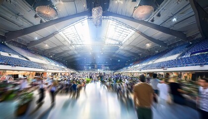a softly blurred shot of a wide stadium concourse with blurred fans and vendors during an event