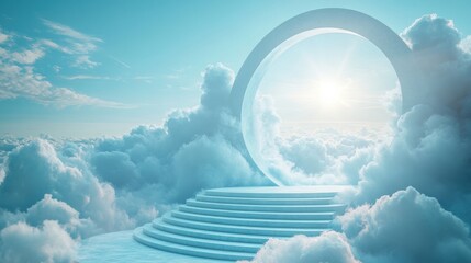 Heavenly gateway in clouds with arch, surreal blue sky, stairway to light, dreamlike setting, bright peaceful atmosphere, ethereal scene, spiritual abstract background, fantasy portal