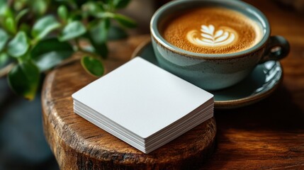 Stack of blank square business cards on table, minimal workspace with coffee cup, cozy setting, rustic wood, branding design mockup, personal professional style, warm atmosphere