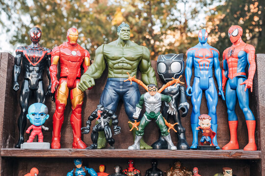 1 September 2024. Belgrade, Serbia: A collection of superhero action figures displayed outdoors, featuring characters like Spider-Man, Iron Man, and Hulk.