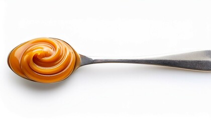 caramel cream boiled condensed milk swirl in spoon isolated on white background top view