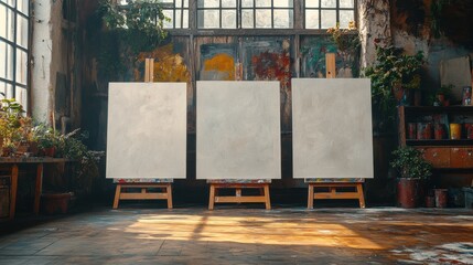 Three blank canvases on easels in artist’s studio, rustic creative workspace, art supplies, large windows, textured walls, natural light, inspiring artistic setting, calm atmosphere