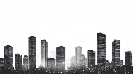 Create a stunning skyscraper wall design Include black and white buildings in the foreground featuring a mix of city skyscrapers and smaller structures The building