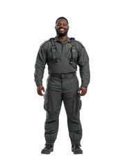 Fototapeta premium A full-body photo of a smiling pilot in a dark green uniform, transparent background