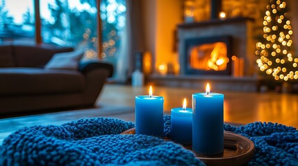 Three blue candles burn softly on a textured blue blanket against the warmth of a crackling fireplace, offering a peaceful and inviting scene for relaxation.