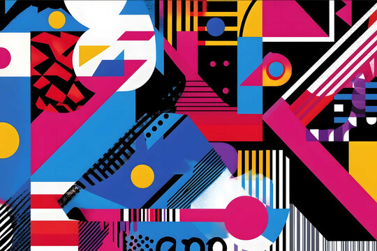 print to be used for an aop Tshirt design 80s style 80s colors geometric vibrant colors