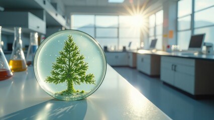 christmas tree in petri dish in lab sunny day