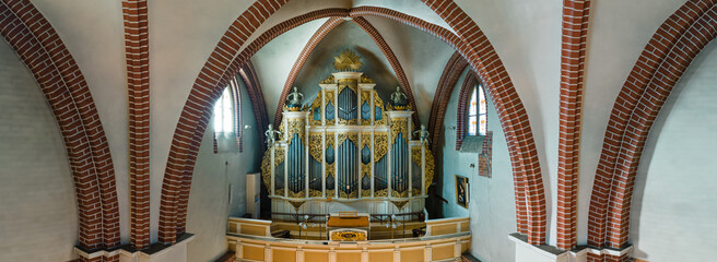 Interior View of Cathedral with Grand Pipe Organ and Gothic Arches