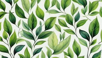 pattern of green tea leaves on white background generative ai