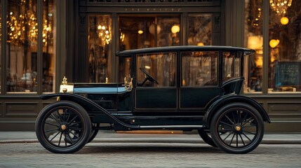 The early 1900s classic car is showcased near an ornate building, capturing an era of elegance, innovation, and craftsmanship in urban historical setting.