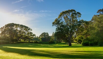 Fototapeta premium lush green lawn with trees in the soft morning light at horsham botanic gardens in vic australia generated with ai