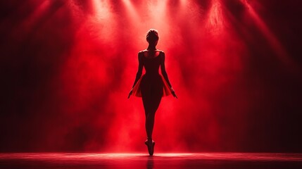 Obraz premium A dancer stands poised in a vibrant red spotlight on stage; their silhouette expressing grace, beauty, and the timeless art form of ballet in isolation.