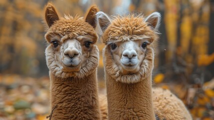 Obraz premium Two adorable llamas gaze serenely amidst a colorful autumn forest, showcasing nature's beauty. Generative AI