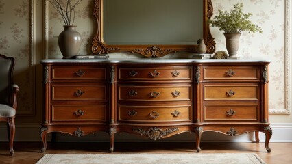 A beautifully designed antique retro dresser set against a softly lit backdrop.