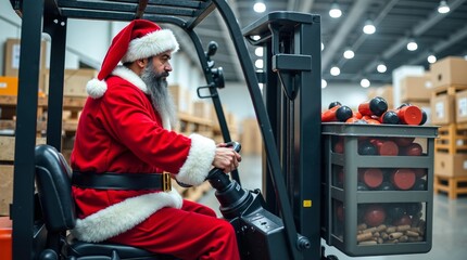 Obraz premium A man in a santa suit driving a forklift in a warehouse