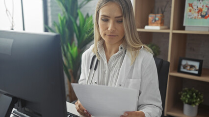 Attractive young woman in a hospital room indoors, working at a clinic with a focused expression, holding documents.