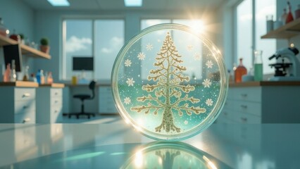 christmas tree in petri dish in lab sunny day