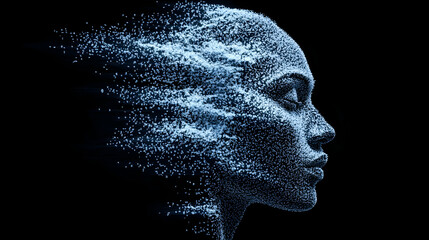 Artistic Representation of a Human Face Composed of Particles in Motion, Symbolizing Transformation and the Fusion of Technology with Human Emotion in a Dark Background