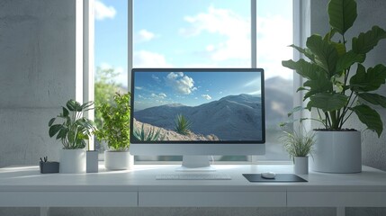 Fototapeta premium Minimalist home office setup with a desktop computer, plants, and a bright window.