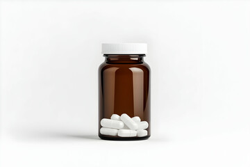 Brown Glass Bottle Containing White Capsules on a Minimalist Background Emphasizing Pharmaceutical and Health Concepts in Modern Design