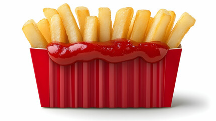 Delicious Golden French Fries Dipped in Ketchup in a Bright Red Container, Perfect for Fast Food Lovers, Snack Enthusiasts, or Culinary Photographers