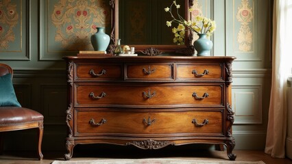 A beautifully carved antique retro dresser with elegant brass handles.