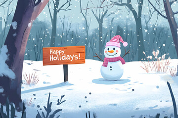 A friendly snowman stands proudly in the snowy woods, greeting everyone for the holidays