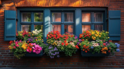 Colorful flowers in window boxes on brick building.