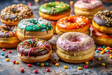 Vertical Banner Featuring Assorted Glazed Doughnuts with Colorful Sprinkles for a Bakery Menu Display, Highlighting Sweet Pastries and Hand-Drawn Elements for Confectionery Shops