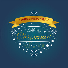 Festive Happy New Year and Merry Christmas Banner Design with Fireworks and Ribbon Decoration 
