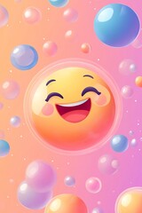 Naklejka premium A joyful smiling emoji surrounded by bubbles on a pastel gradient background, evoking happiness and cheerfulness in a playful cartoonish artistic rendering.