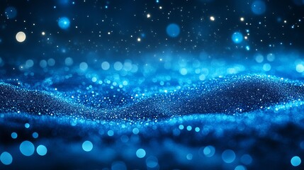 This image displays a dreamy expanse of deep blue stardust waves, with twinkling stars above, creating a serene and cosmic atmosphere in the night sky.