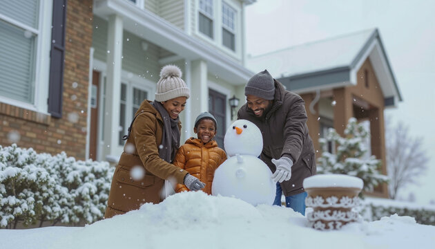 A family building a snowman in front of their home - Powered by Adobe