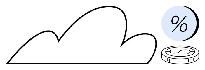 Cloud outline with a coin featuring a dollar sign and a percentage symbol in a blue circle. Ideal for financial services, cloud computing, online banking, data analysis, interest rates, digital