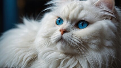 Fluffy white cat with striking blue eyes relaxing on a cozy surface indoors during the late afternoon