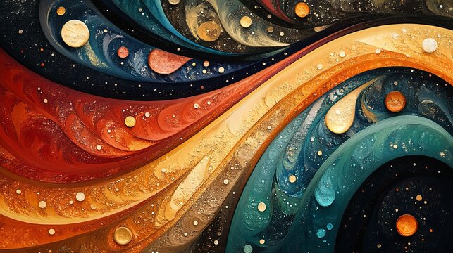 A mesmerizing space-themed artwork features swirling colors and diverse celestial bodies, symbolizing the vibrancy and expansiveness of the universe and its mysteries.