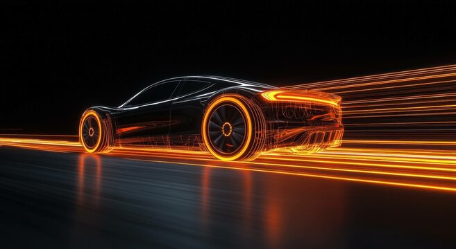 Futuristic black sports car with glowing orange lines representing speed, motion, and advanced technology against a dark background.