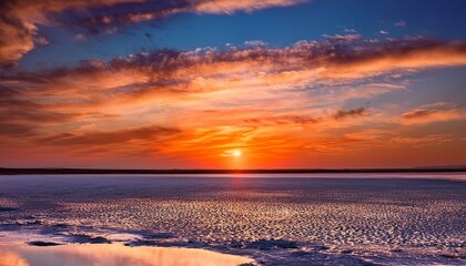 Fiery sunset over a tranquil salt flat.