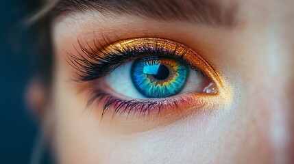 Fototapeta premium A striking blue eye framed by lush lashes and adorned with shimmering golden eye-shadow, capturing a sense of beauty, expression, and mystique.