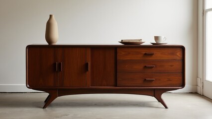 Elegant antique retro dresser styled with a neutral background and soft lighting.